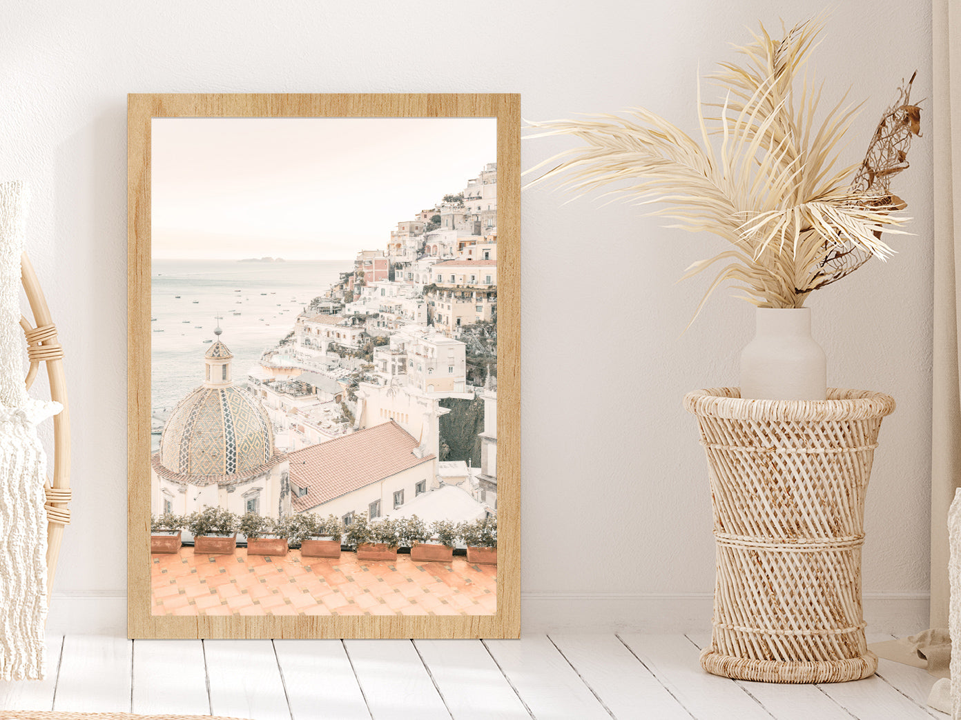 Sea & Houses Skyline Faded Photograph Glass Framed Wall Art, Ready to Hang Quality Print Without White Border Oak