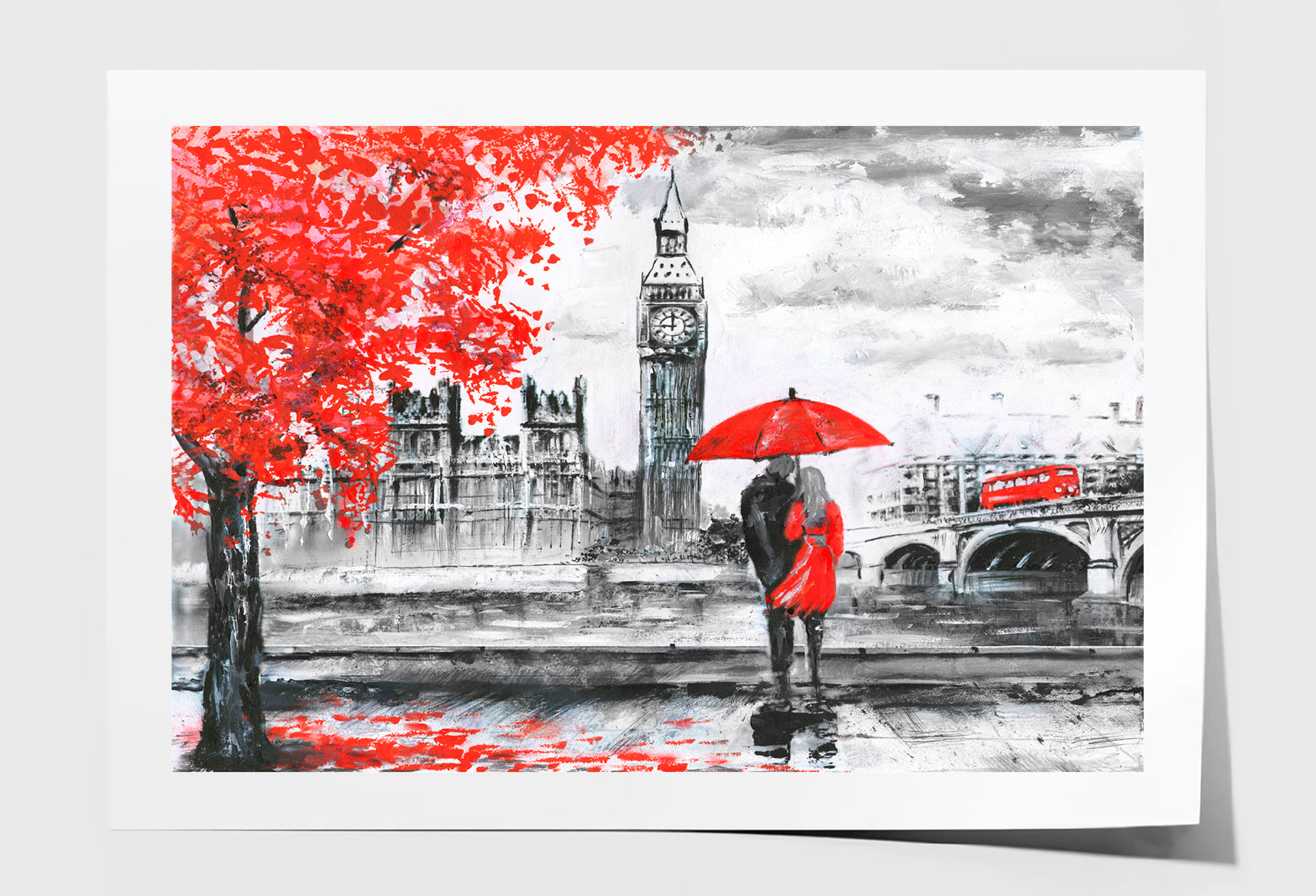 River & Bus On Bridge, Man & Woman Under A Red Umbrella, Street View Of London Oil Painting Wall Art Limited Edition High Quality Print Unframed Roll Canvas None