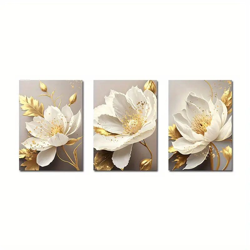 3pcs Painted with Golden Plants And White Flowers Metal Print Ready to Hang Art