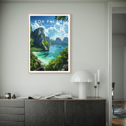 Koh Phi Phi Islands Thailand Tropical Beach Lush Green Cliffs Travel Poster Print Wall Art