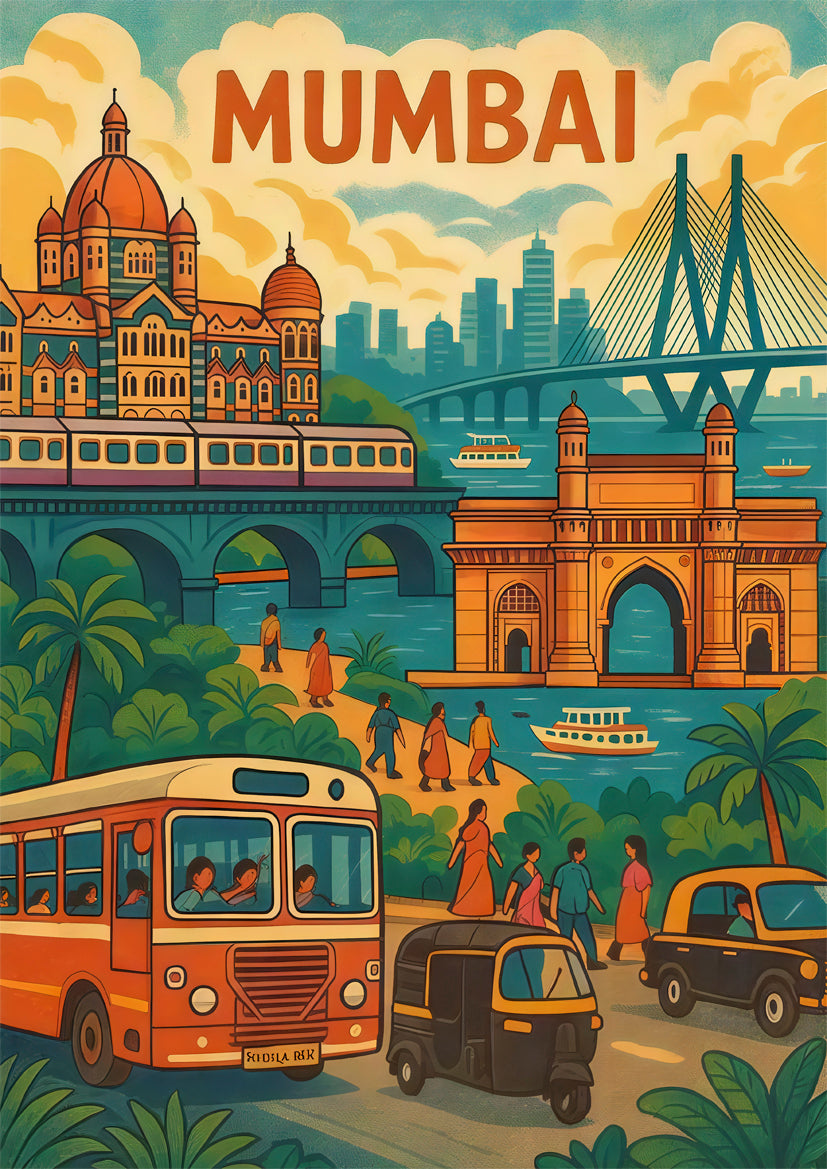 Mumbai Gateway of India Taj Mahal Bandra-Worli Sea Link  Travel Poster Print Wall Art