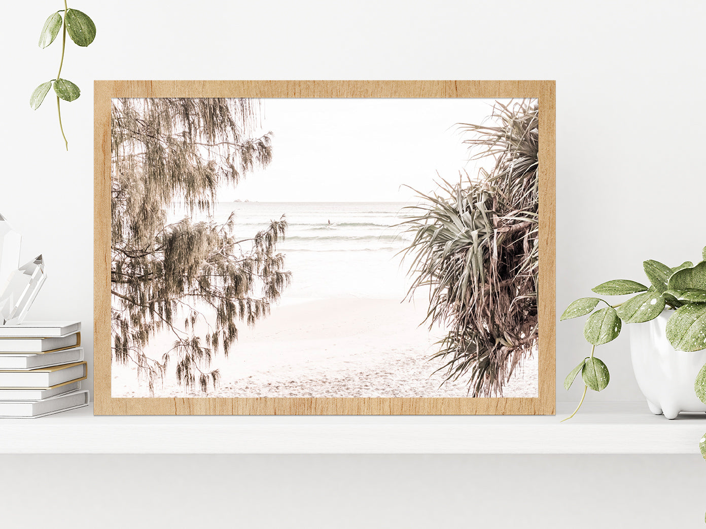 Trees near Sandy Seashore Faded Photograph Glass Framed Wall Art, Ready to Hang Quality Print Without White Border Oak