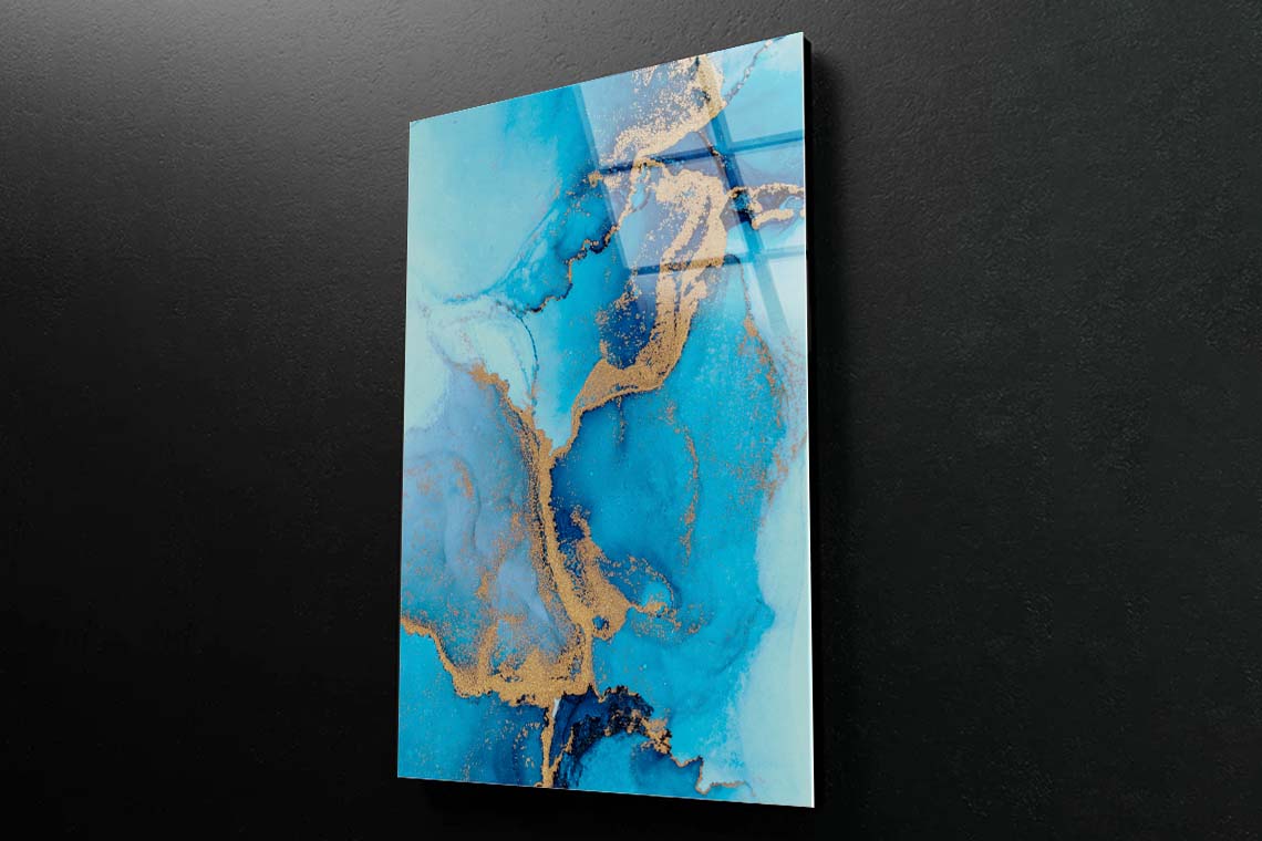 Luxury Blue Gold Abstract Acrylic Glass Print Tempered Glass Wall Art 100% Made in Australia Ready to Hang