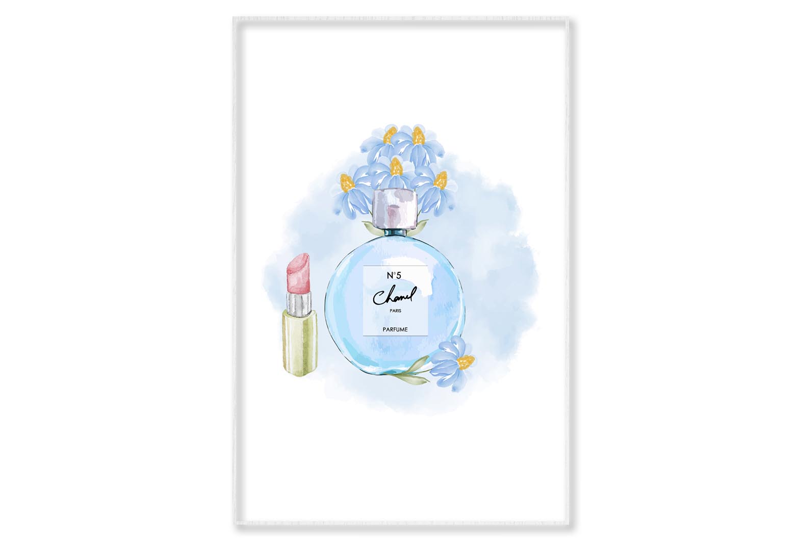 Light Blue Perfume with Lipstick Wall Art Limited Edition High Quality Print Canvas Box Framed White