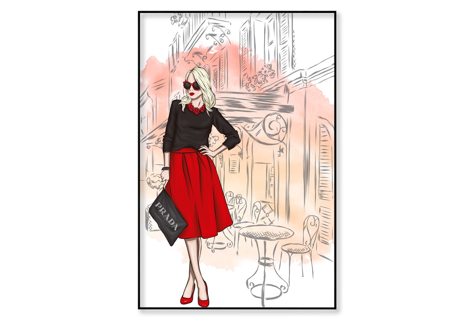 Red Shade Fashion Store with Lady Wall Art Limited Edition High Quality Print Canvas Box Framed Black