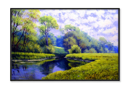 Green Grass Field & Trees near River Oil Painting Wall Art Limited Edition High Quality Print Canvas Box Framed Black