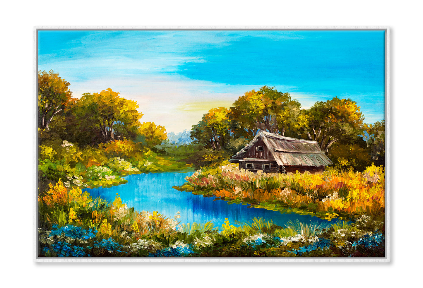 Farmhouse Near The River Oil Painting Wall Art Limited Edition High Quality Print Canvas Box Framed White