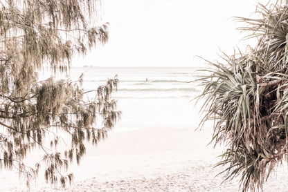 Trees near Sandy Seashore Faded Photograph Glass Framed Wall Art, Ready to Hang Quality Print