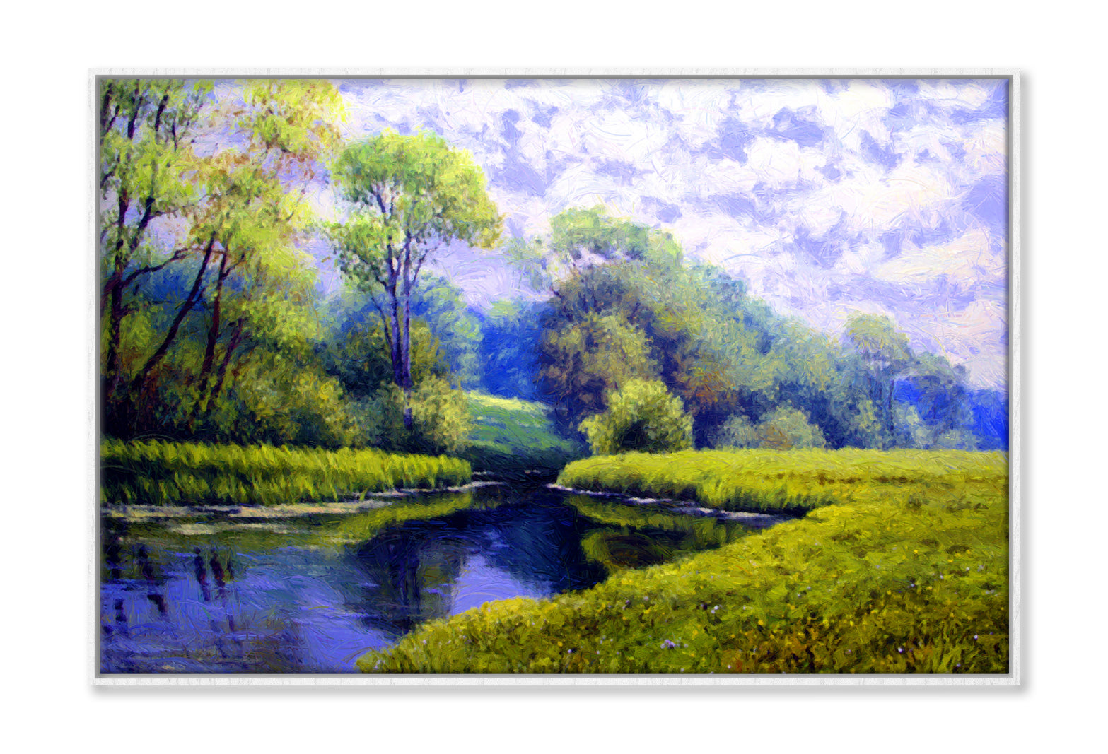 Green Grass Field & Trees near River Oil Painting Wall Art Limited Edition High Quality Print Canvas Box Framed White