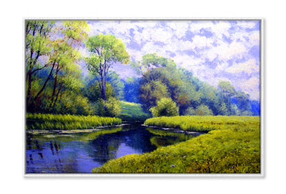 Green Grass Field & Trees near River Oil Painting Wall Art Limited Edition High Quality Print Canvas Box Framed White