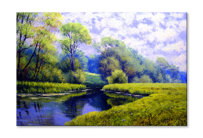 Green Grass Field & Trees near River Oil Painting Wall Art Limited Edition High Quality Print Stretched Canvas None