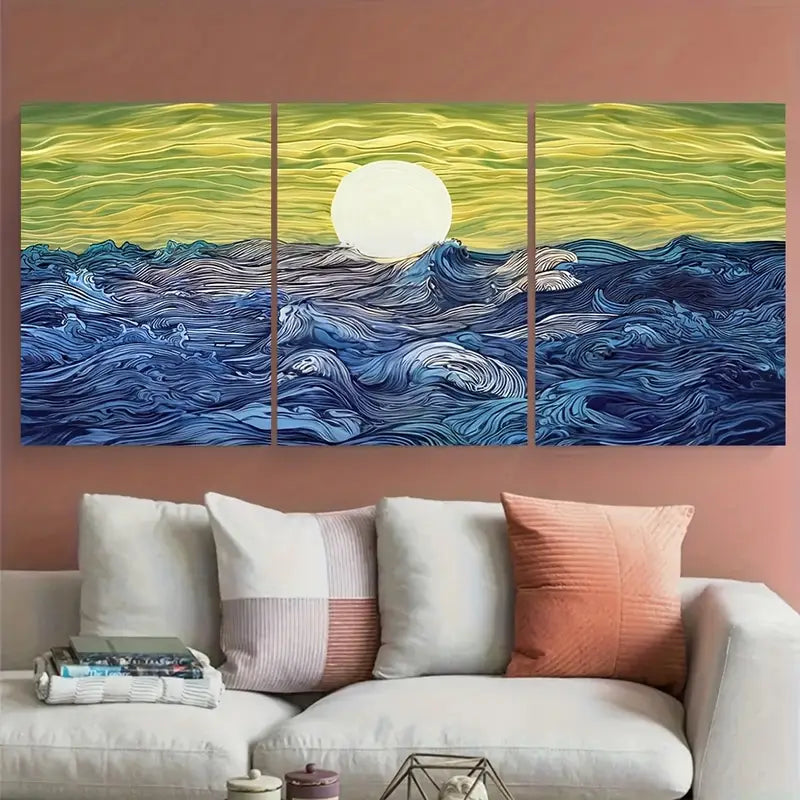 3pcs Moonlit Ocean Waves Japanese Blue Metal Print Ready to Hang Art