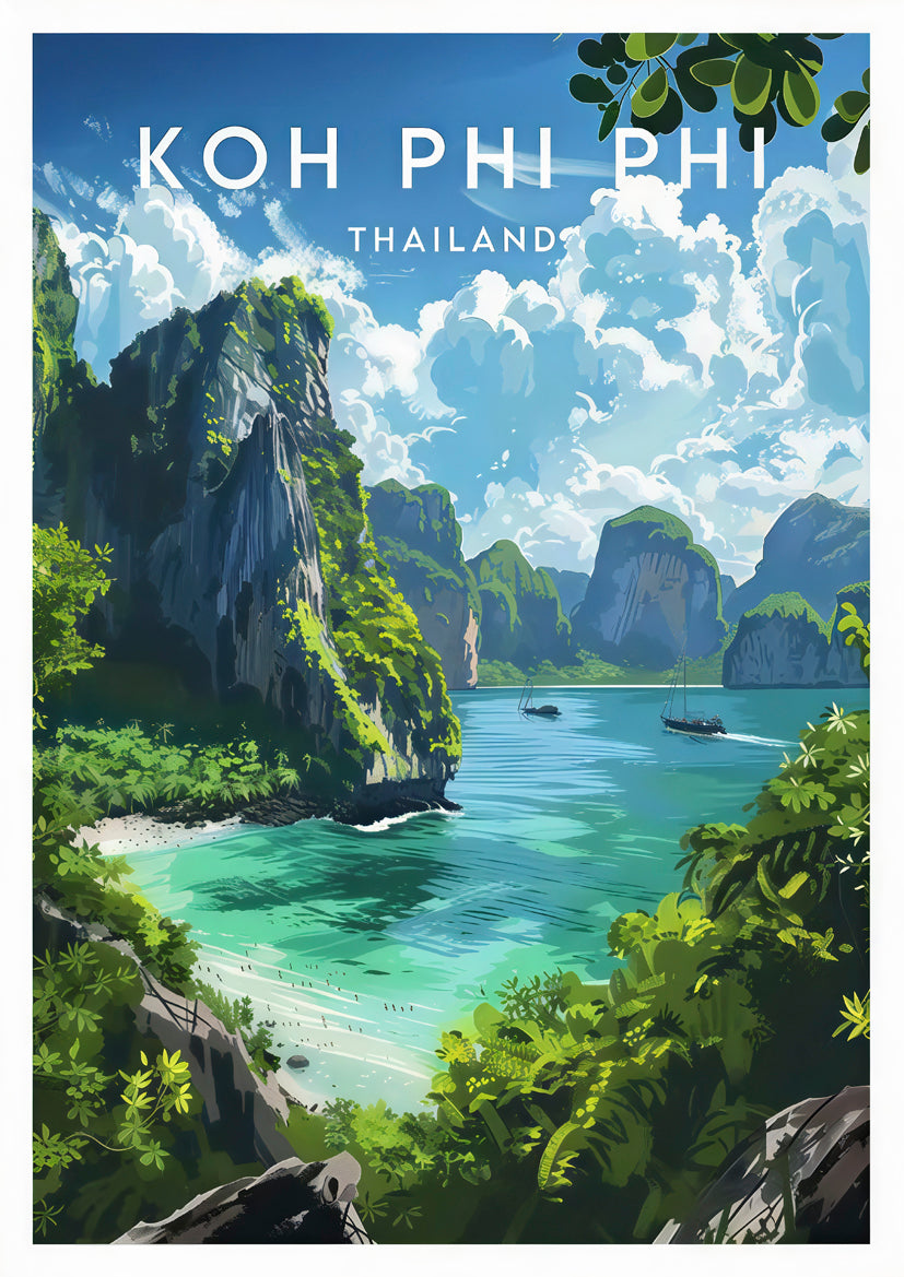 Koh Phi Phi Islands Thailand Tropical Beach Lush Green Cliffs Travel Poster Print Wall Art