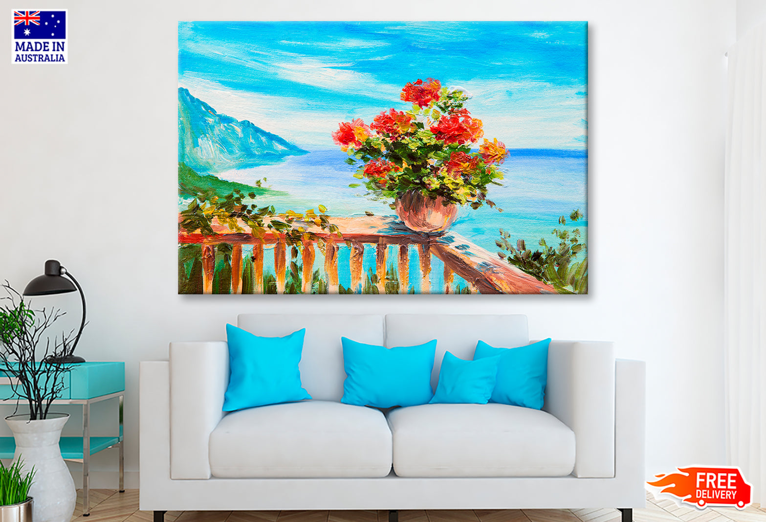 Bouquet Of Flowers & Sea, Coast Near The Mountains Oil Painting Wall Art Limited Edition High Quality Print