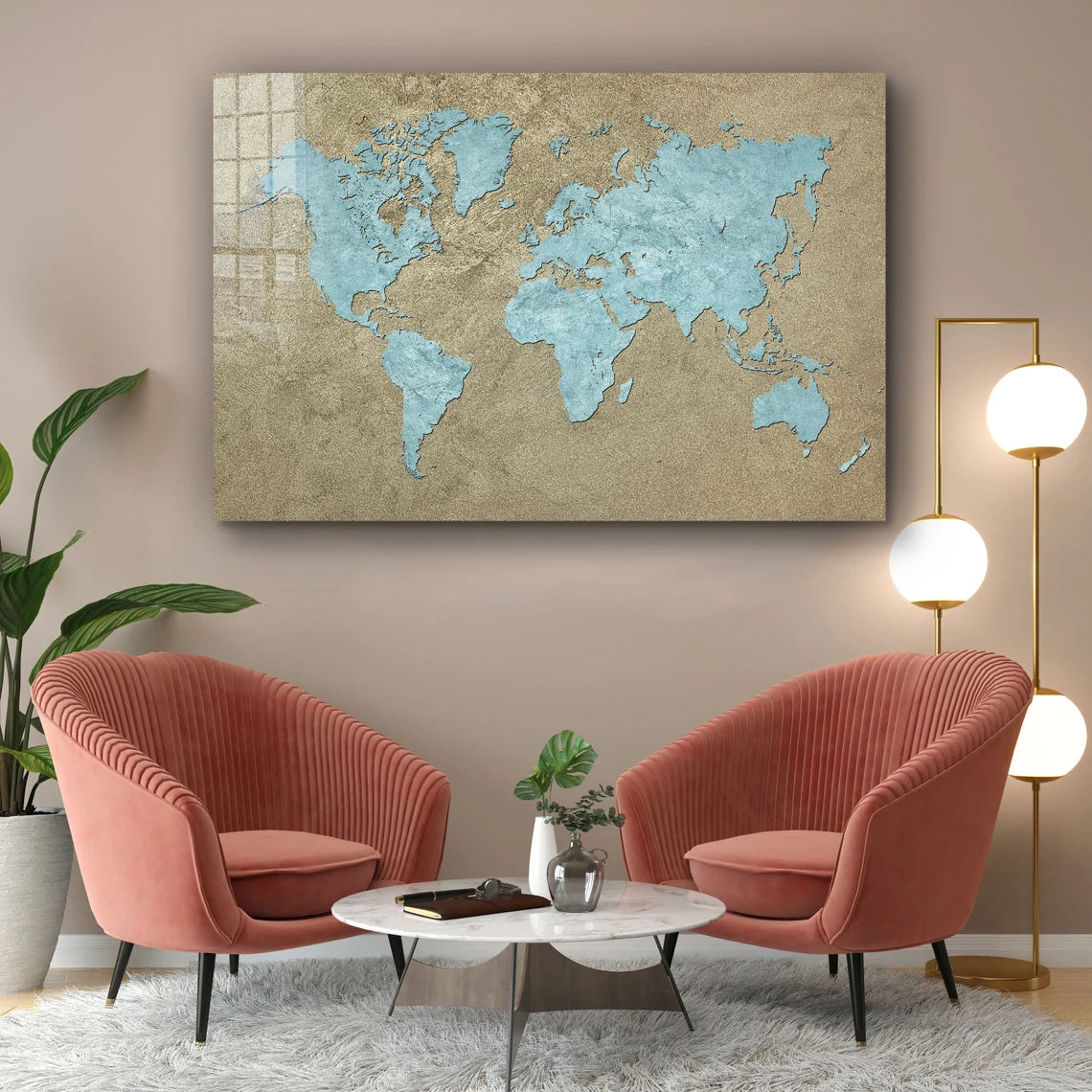 Vintage Blue World Map UV Direct Aluminum Print Australian Made Quality