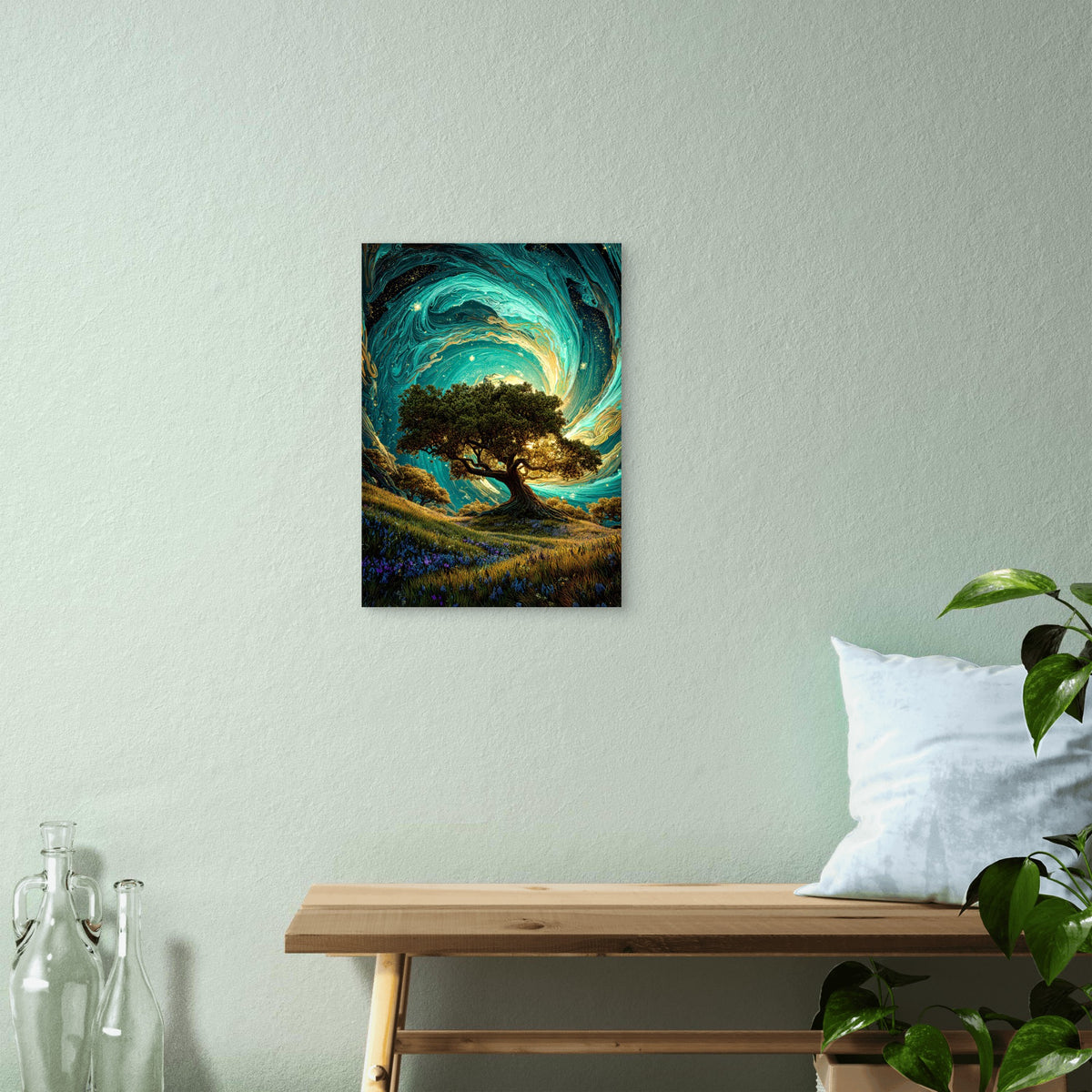 Cosmic Gold Teal Oak Tree 40x60cm Metal Print Ready to Hang