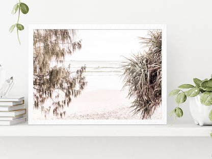 Trees near Sandy Seashore Faded Photograph Glass Framed Wall Art, Ready to Hang Quality Print Without White Border White