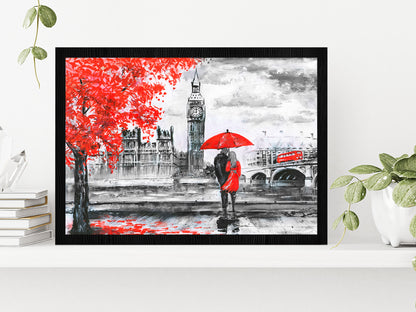 River & Bus On Bridge, Man & Woman Under A Red Umbrella, Street View Of London Glass Framed Wall Art, Ready to Hang Quality Print Without White Border Black