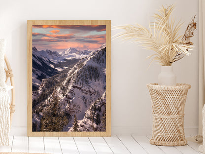 Maroon Bells & Vibrant Sunset Glass Framed Wall Art, Ready to Hang Quality Print Without White Border Oak