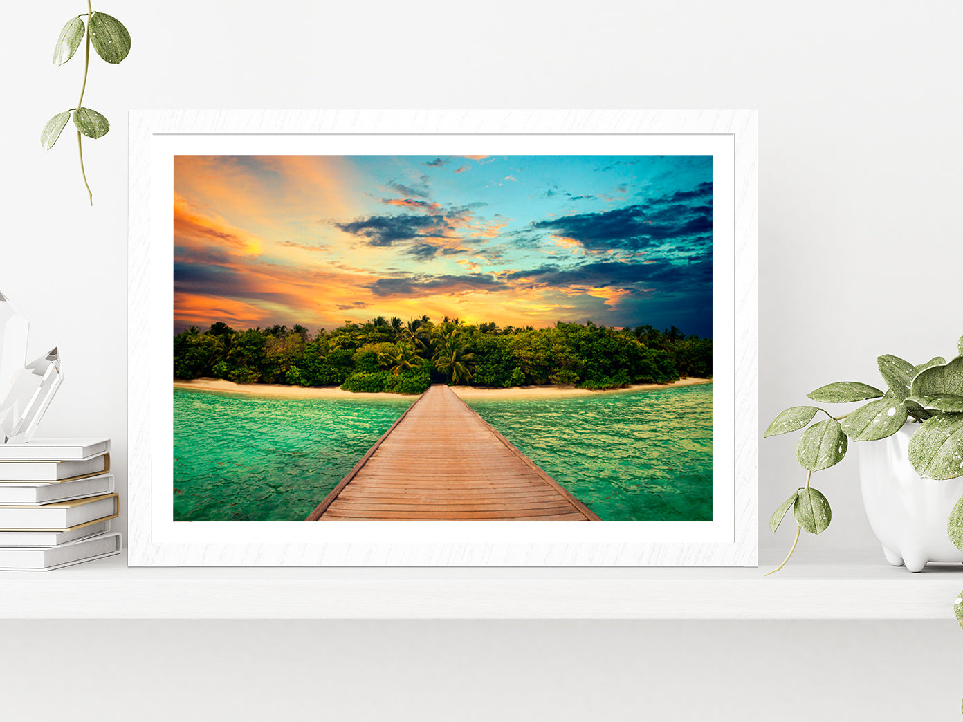 Tropical Island & Blue Orange Sky Glass Framed Wall Art, Ready to Hang Quality Print With White Border White