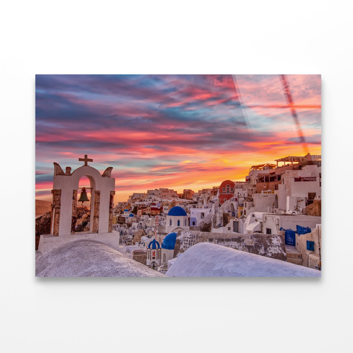 Santorini In Greece with Sunset Acrylic Glass Print Tempered Glass Wall Art 100% Made in Australia Ready to Hang