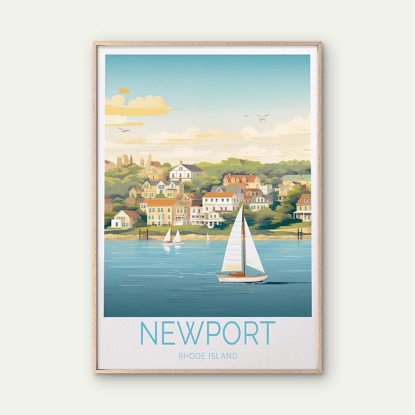 New Port Rhode Island, Beach and Houses Travel Poster Print Wall Art