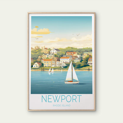 New Port Rhode Island, Beach and Houses Travel Poster Print Wall Art