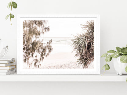 Trees near Sandy Seashore Faded Photograph Glass Framed Wall Art, Ready to Hang Quality Print With White Border White