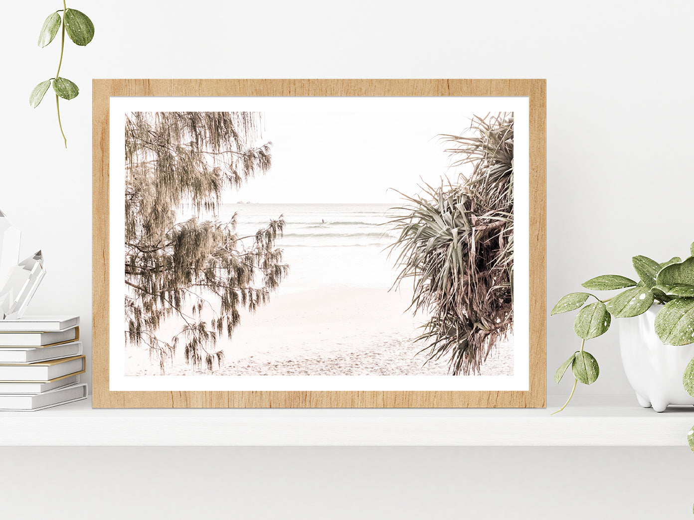 Trees near Sandy Seashore Faded Photograph Glass Framed Wall Art, Ready to Hang Quality Print With White Border Oak