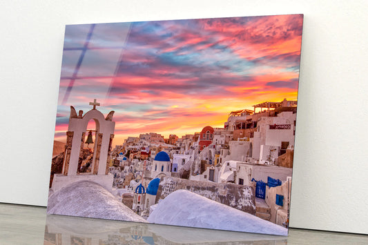 Santorini In Greece with Sunset Acrylic Glass Print Tempered Glass Wall Art 100% Made in Australia Ready to Hang