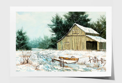 Old Barn House & Wooden Wagon in Winter Painting Wall Art Limited Edition High Quality Print Unframed Roll Canvas None