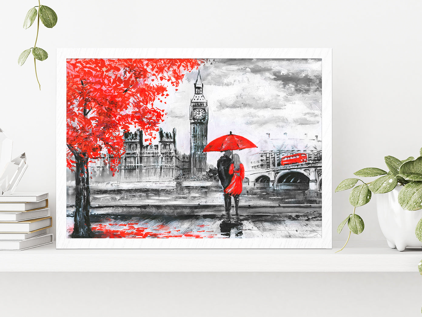 River & Bus On Bridge, Man & Woman Under A Red Umbrella, Street View Of London Glass Framed Wall Art, Ready to Hang Quality Print Without White Border White