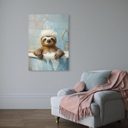 Funny Sloth Bathtub Bubbles 60x90cm Metal Print Ready to Hang