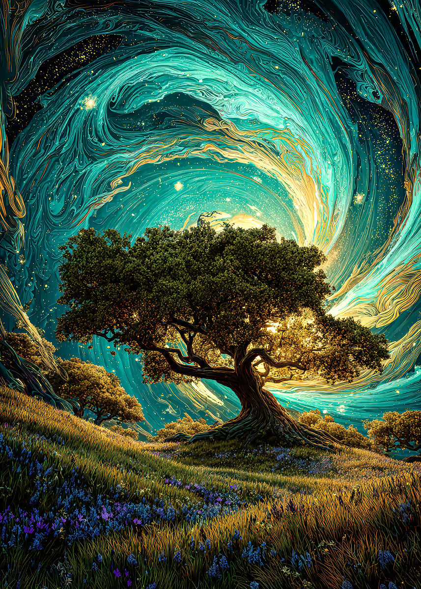 Cosmic Gold Teal Oak Tree 40x60cm Metal Print Ready to Hang