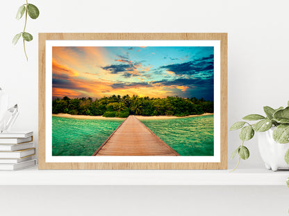 Tropical Island & Blue Orange Sky Glass Framed Wall Art, Ready to Hang Quality Print With White Border Oak