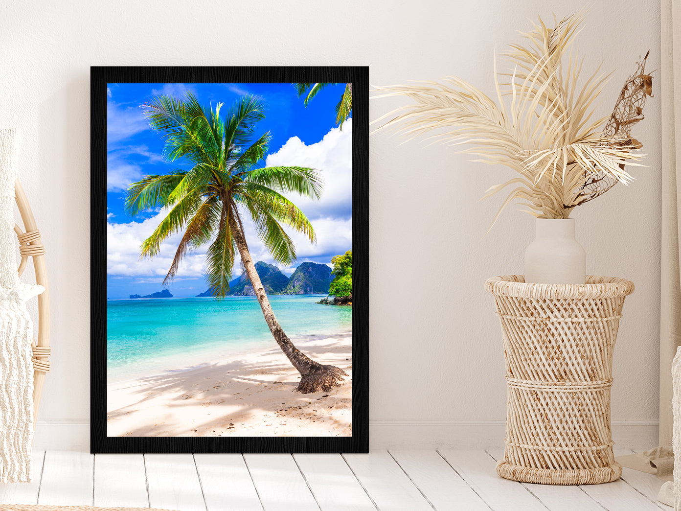 Sandy Beach & Palm Tree with Blue Sky View Glass Framed Wall Art, Ready to Hang Quality Print Without White Border Black