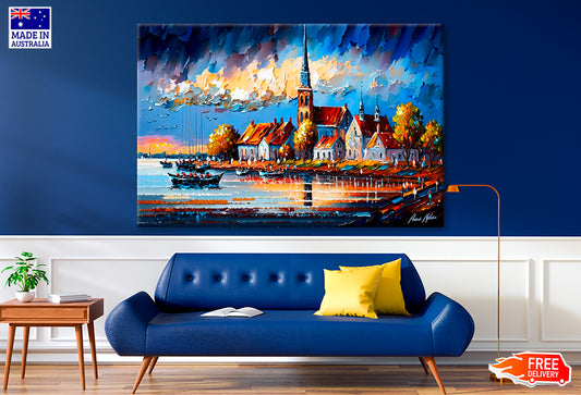 Europe Coastal Line Village Oil Painting Wall Art Limited Edition High Quality Print