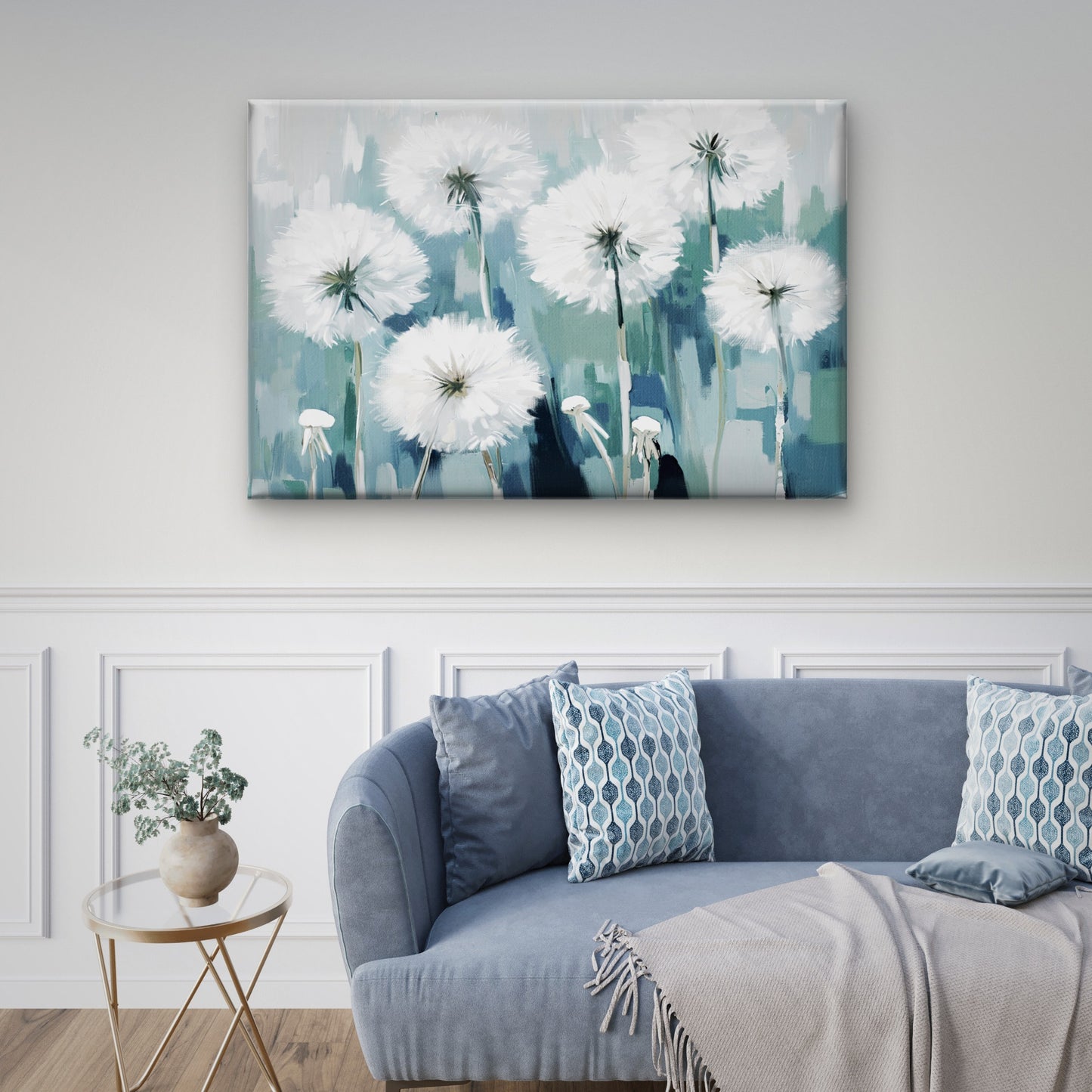 Oil Painting of White Dandelion Blue Green Abstract Wall Art Decor 100% Australian Made