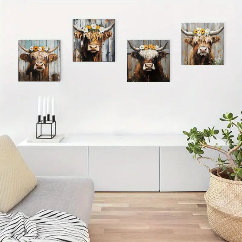4pcs Vintage Abstract Cow   Wall Art Canvas Framed
