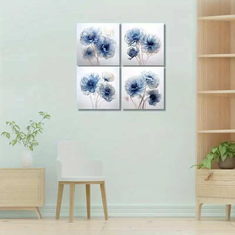 4pcs Blue Flower Wall Art Canvas Framed