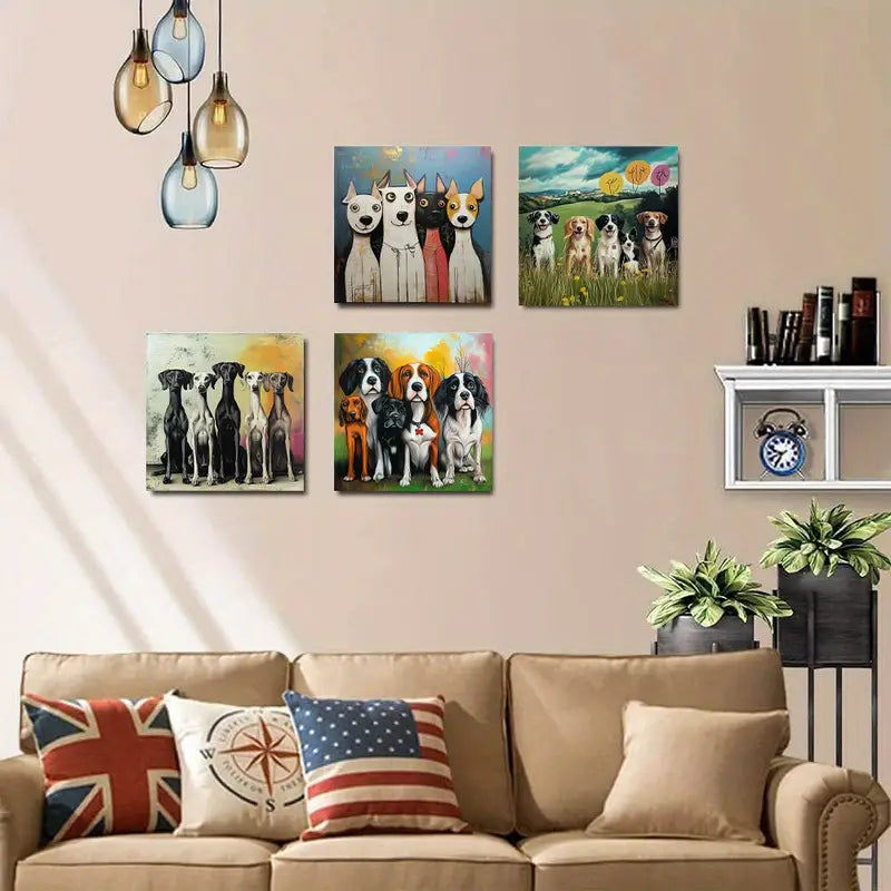 4pcs  Charming Four Puppies Themed    Wall Art Canvas Framed