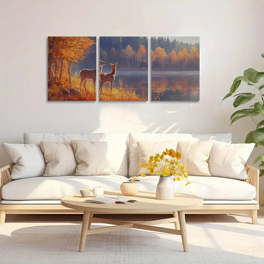 3pcs Autumn Scene with White-Tailed Deer, Fox, and Fawn Metal Print Ready to Hang Art