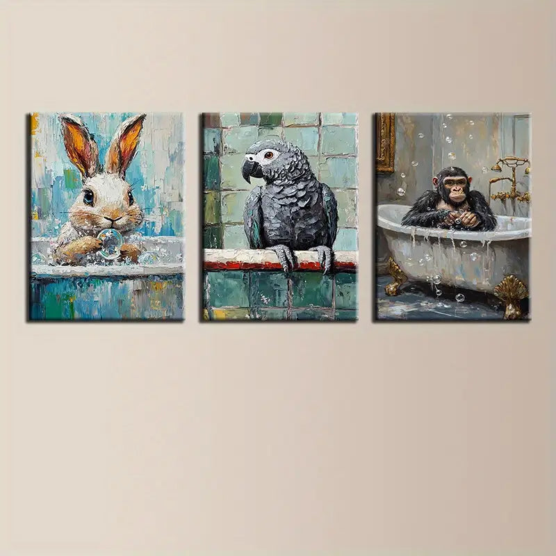 3pcs Rabbit, African Grey Parrot, Gorilla Whimsical Animal Metal Print Ready to Hang Art