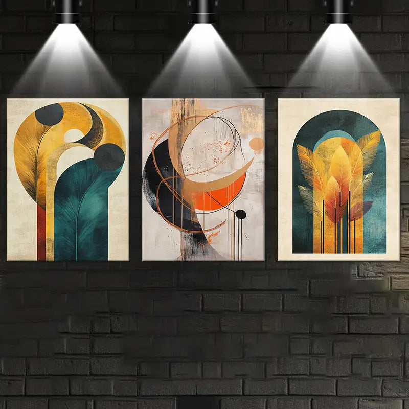 3pcs Golden Lines and Shapes Classic Design Metal Print Ready to Hang Art