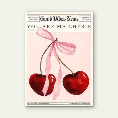 Cherries with Pink Ribbon 60x90cm Metal Print Ready to Hang