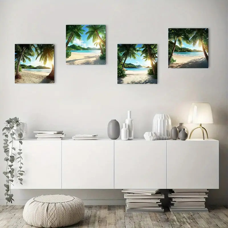 4pcs Paradise Tropical Green Sea Beac Wall Art Canvas Framed