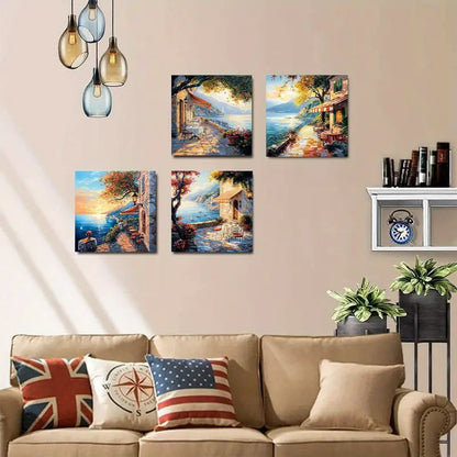 4pcs Seaside House Scenes with Sunset   Wall Art Canvas Framed
