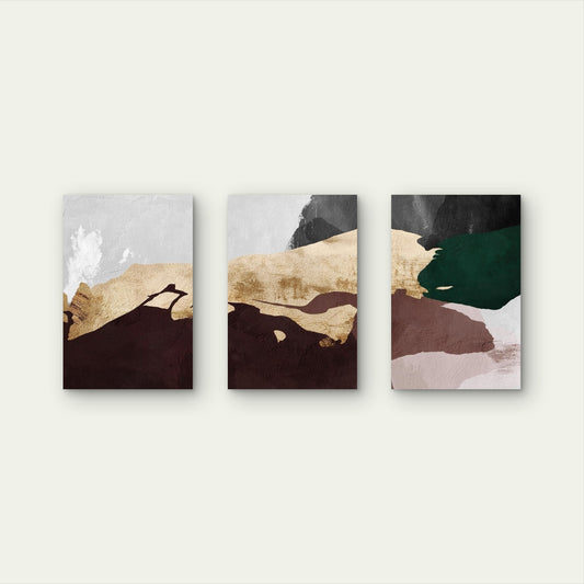 3pcs Abstract Earthy Brown Green Gold Foil Block Wall Art Set Canvas Framed 50x70cm - High Quality Print 100% Australian Made Wall Canvas Ready to Hang