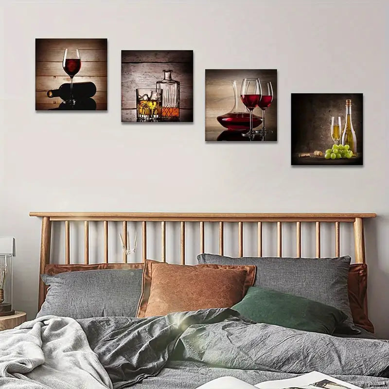 4pcs Wine Glass & Bottel  Wall Art Canvas Framed