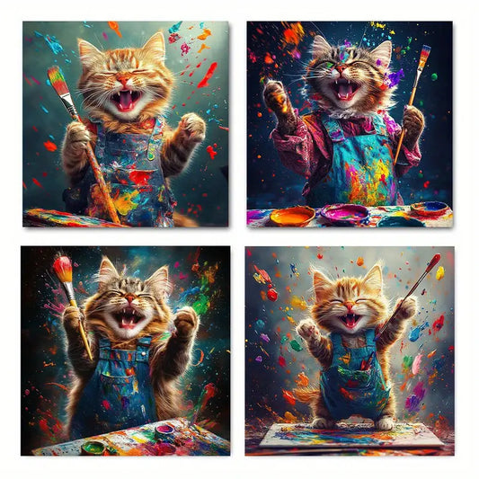 4pcs Splattered Cats In Aprons, Vibrant Colors Wall Art Canvas Framed